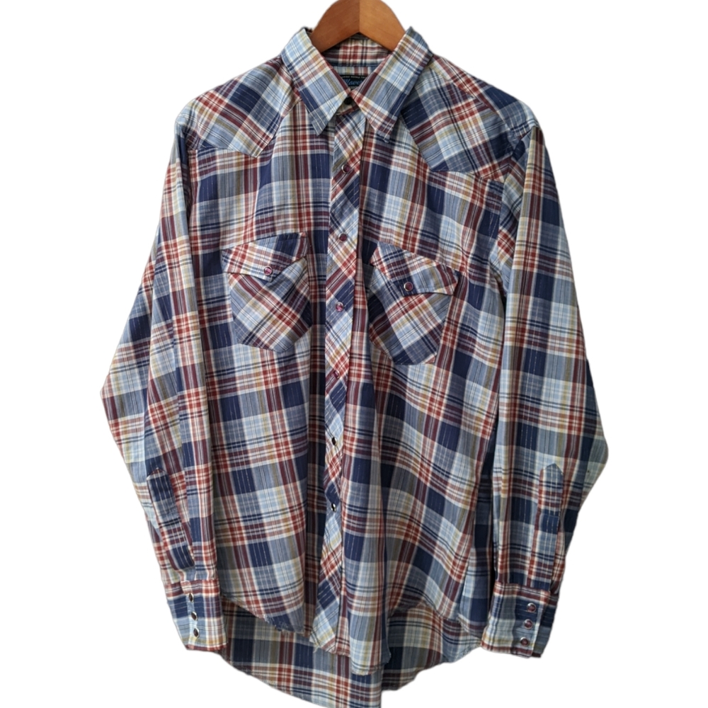 Maverick Vintage Pearl Snap Long Tails Western Shirt Plaid Made in USA Large?